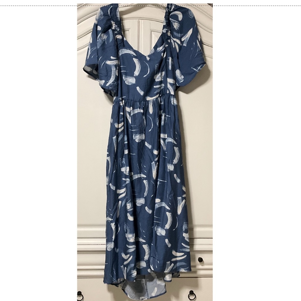 A New Day XXL Blue & white square neck dress with open back, & tie, NWT